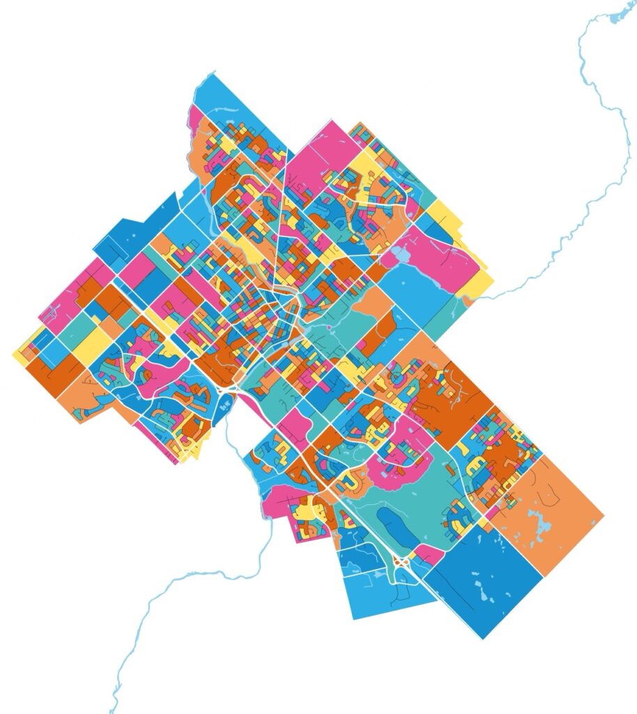 Guelph, Ontario, Canada colorful high resolution vector art map with city boundaries. White outlines for main roads. Many details. Blue shapes for water.