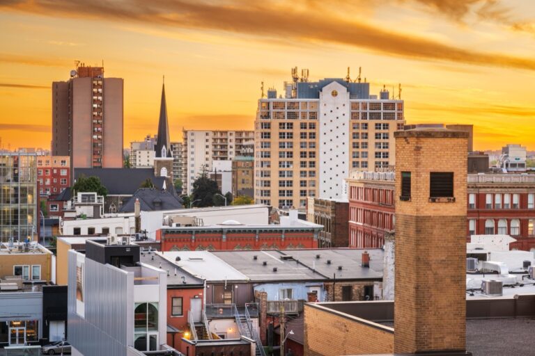 Kitchener, Ontario, Canada downtown cityscape at golden hour.
